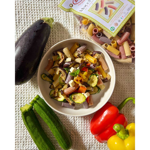 5-Color Maccheroni with Turmeric, Rosemary, Beetroot and Black Carrot