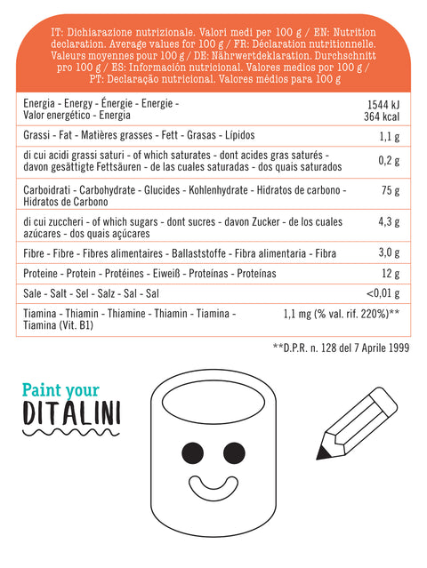 Organic Tricolor Ditalini Pasta with Tomato and Spinach, for Children, with Vitamin B1