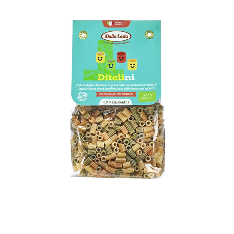 Organic Tricolor Ditalini Pasta with Tomato and Spinach, for Children, with Vitamin B1