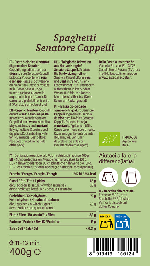 Organic Semolina Spaghetti from the Senatore Cappelli variety