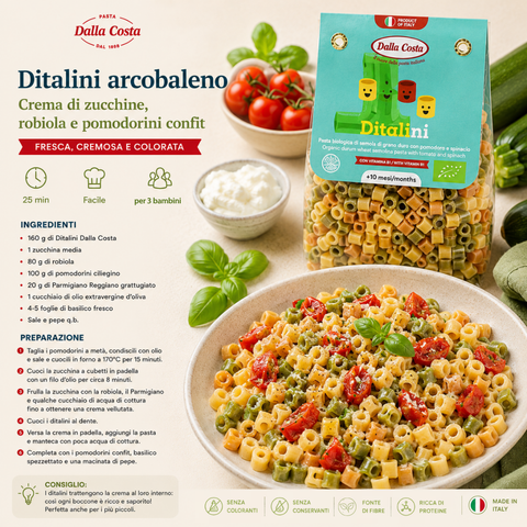 Organic Tricolor Ditalini Pasta with Tomato and Spinach, for Children, with Vitamin B1