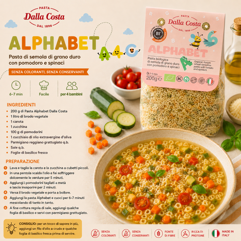 Mini Alphabet Pasta, Tricolor with Tomato and Spinach, Organic Pasta for Children with Vitamin B1