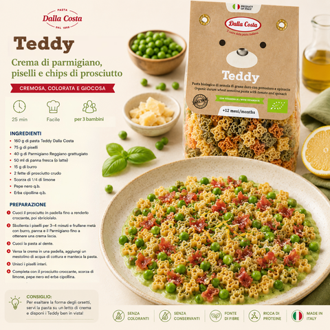 Mini Teddy Pasta Tricolore Al Pomodoro e Spinaci Pasta Bio Per Bambini Con Vitamina B1