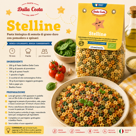 Organic Children's Pasta in Star Shapes, Tricolor with Tomato and Spinach, with Vitamin B1