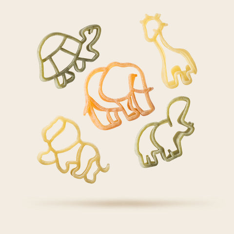 Zoo-shaped Tricolor Pasta with Tomato and Spinach