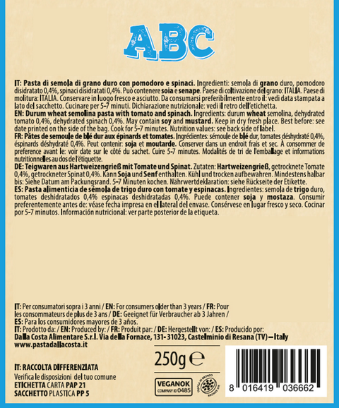 ABC Tricolor Pasta with Tomato and Spinach