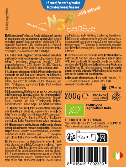 Mini Alphabet Pasta, Tricolor with Tomato and Spinach, Organic Pasta for Children with Vitamin B1