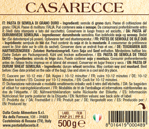 Casarecce pasta made from durum wheat semolina