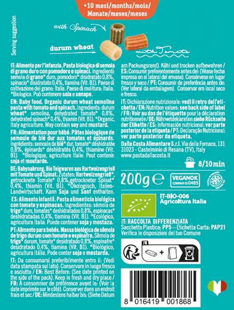 Organic Tricolor Ditalini Pasta with Tomato and Spinach, for Children, with Vitamin B1