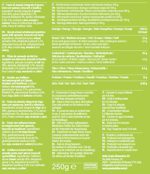 Wholemeal Durum Wheat Semolina Fusilli Pasta with Spinach, Broccoli and Basil