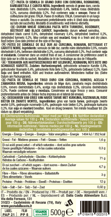 5-Color Maccheroni with Turmeric, Rosemary, Beetroot and Black Carrot