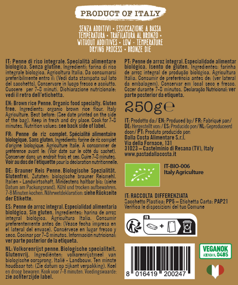 Penne 100% Riso Integrale Senza Glutine Bio