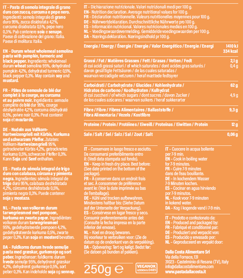 Wholemeal Durum Wheat Semolina Penne Pasta with Pumpkin, Turmeric and Black Pepper