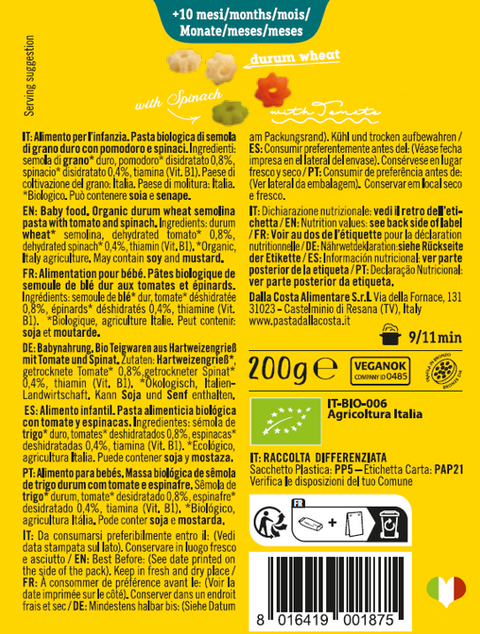 Organic Children's Pasta in Star Shapes, Tricolor with Tomato and Spinach, with Vitamin B1