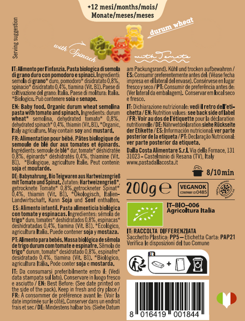 Mini Teddy Pasta Tricolore Al Pomodoro e Spinaci Pasta Bio Per Bambini Con Vitamina B1