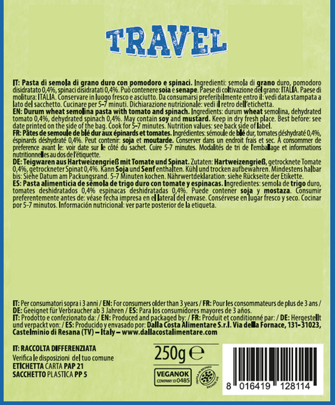 Travel Pasta Tricolore with Tomato and Spinach