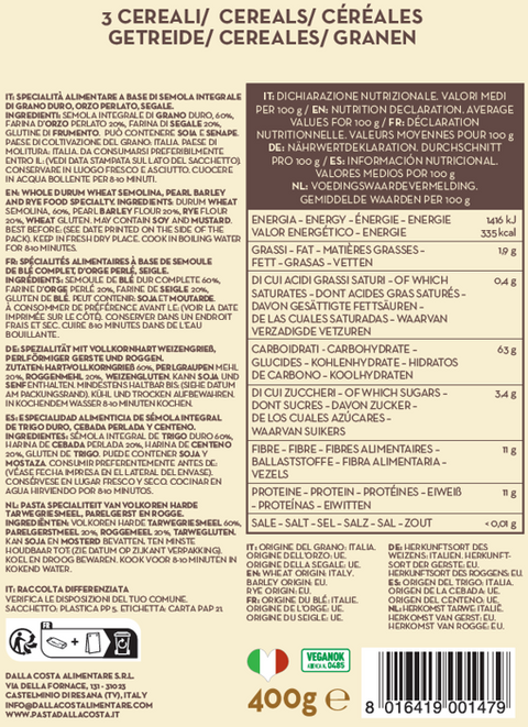 Maccheroni Ai Tre Cereali Integrale Segale Orzo