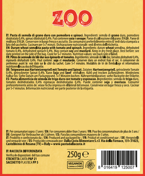 Zoo-shaped Tricolor Pasta with Tomato and Spinach